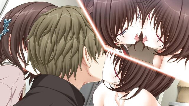 Anime hentai foursome: two busty brown-haired girls kissing guys passionately