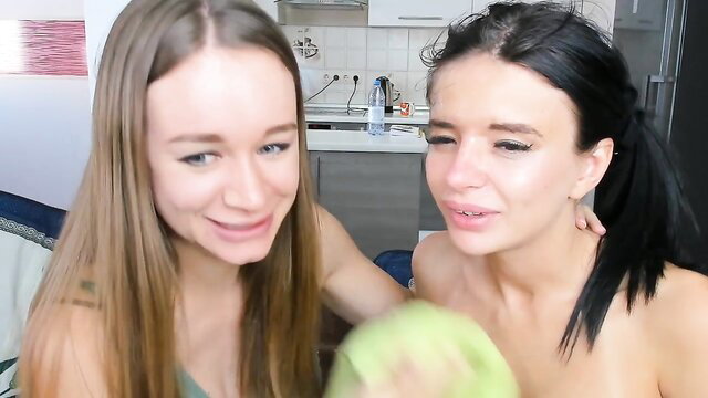 Two hot girls face licking fetish in kitchen, blonde and brunette nude fun