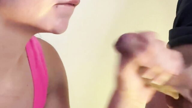 Hot blonde gives intense oral, throbs cum in mouth closeup