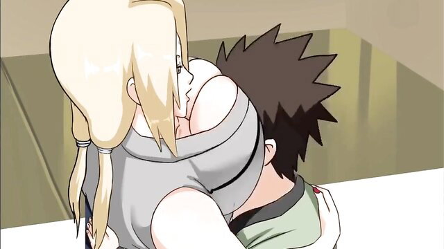 Blonde anime babe with huge tits smothering black-haired guy in tight hug