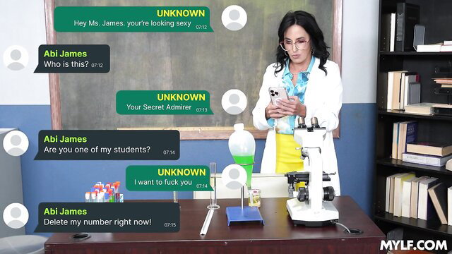 Abi James as sexy chemistry teacher in lab coat, flirty texts
