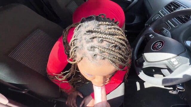 Sexy BBW with braids sucking white cock in car POV