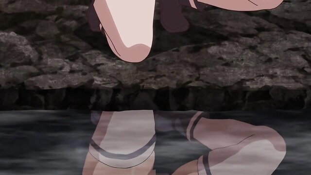 Busty anime nun in thigh-highs squats over water reflection in hentai