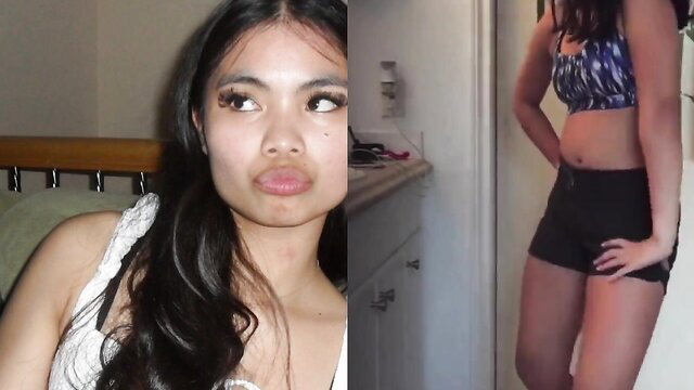 Petite Asian teen sister spied dancing, topless in shorts, slim body