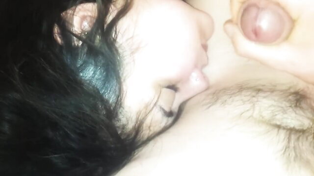 Man cums on sleeping girlfriend's face closeup