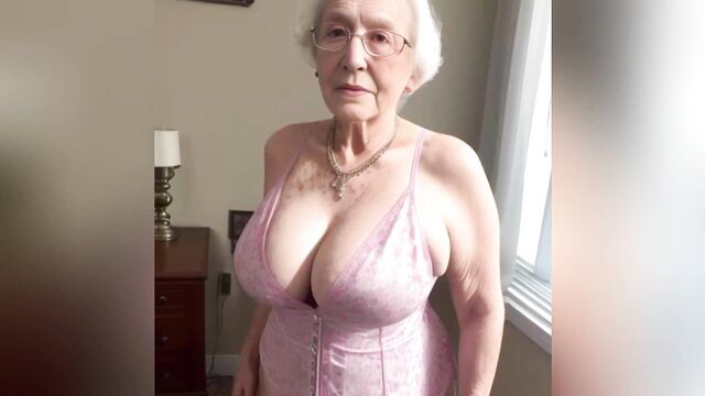 Hot busty white granny in pink lingerie, sexy GILF AI art