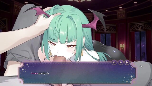 Lewd succubus Avena gives gentle anime blowjob closeup