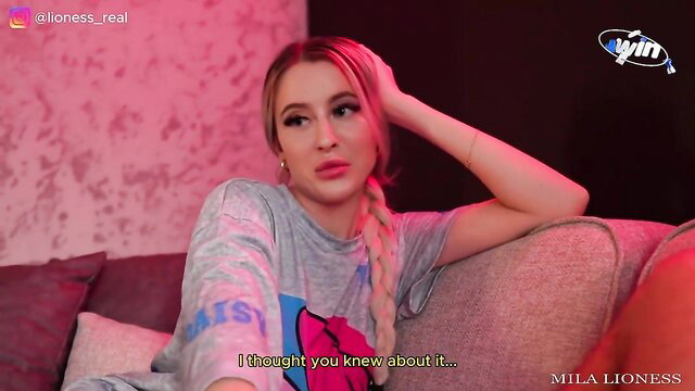 Russian 18yo cutie Mila Lioness in POV tease, blonde braid & grey tee