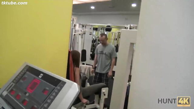 Belinda Sweet on treadmill with man at gym, pre-sex tease