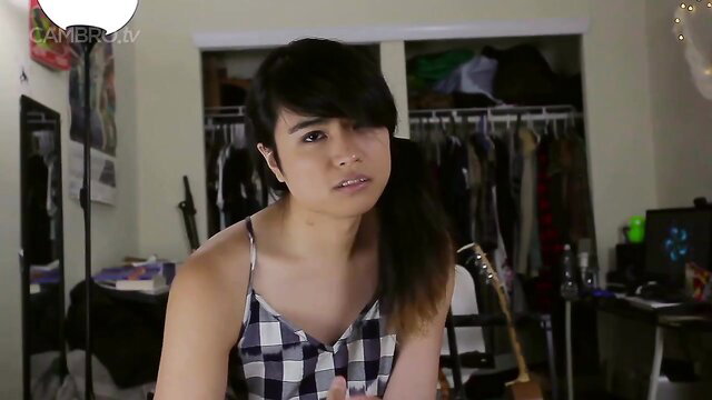 Amateur Asian mom in checkered slip, steamy homemade tease