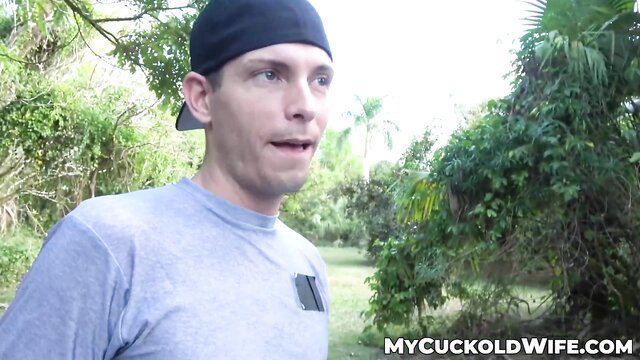Cuckold watches jock stranger pound wife Audrey Miles in woods