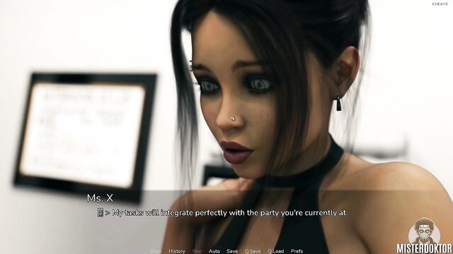Misterdoktor's busty brunette in choker closeup, visual novel erotic gameplay