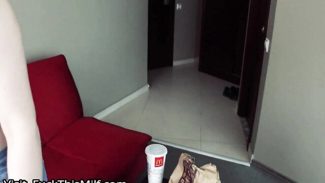 Teen Diana Rider topless in hotel room with McDonald's cup