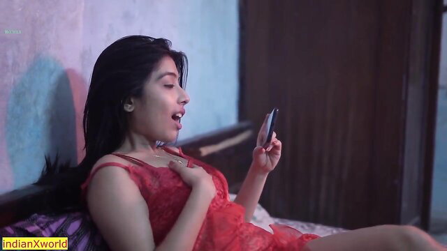 Indian beauty in red dress moans on phone, wild stepsis small tits tease