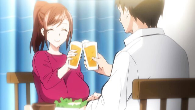 Anime girl with ponytail toasts beer with man in cozy date scene