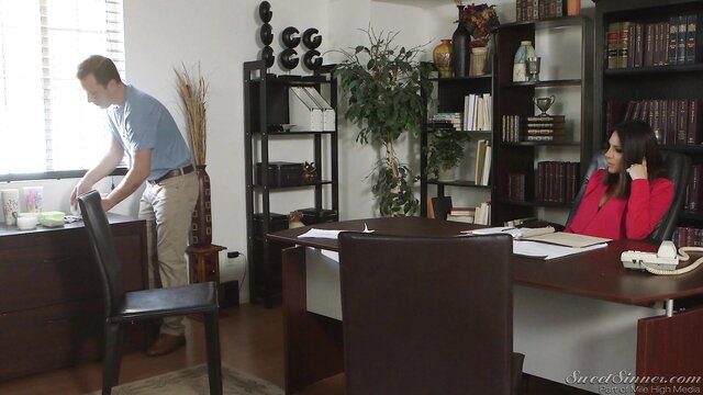 Jaclyn Taylor in red top with contractor in office - Sex With Contractor