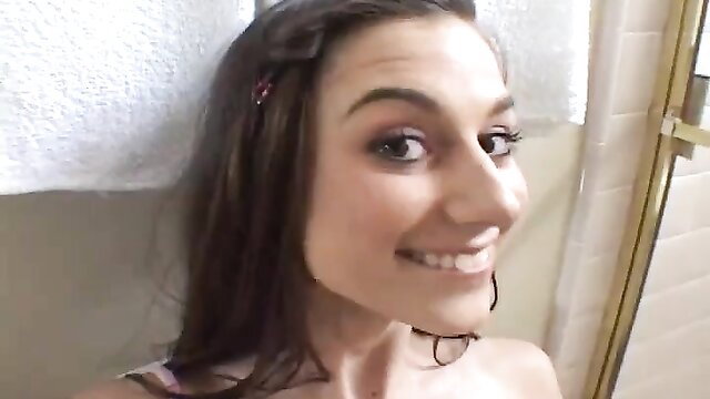 Jackie Ashe wet brunette smiling topless in shower selfie