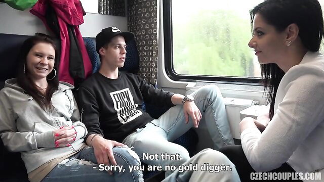 Czech swinger couple chats with teen guy in train, Alex Black amateur action