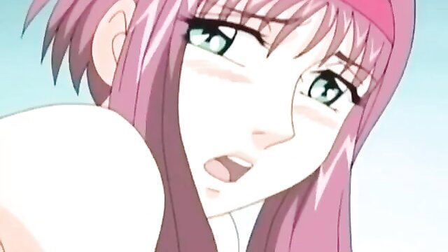 Cute pink-haired anime hentai girl with green eyes, open mouth ahegao face