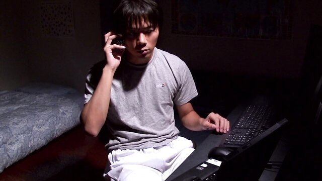 Akari Hoshino stepmom on phone at desk in tight shirt and shorts
