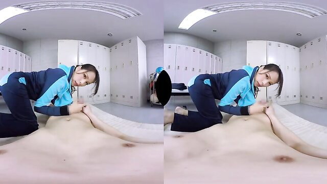 Japanese MILF in tracksuit gropes nude man's chest in POV locker room tease