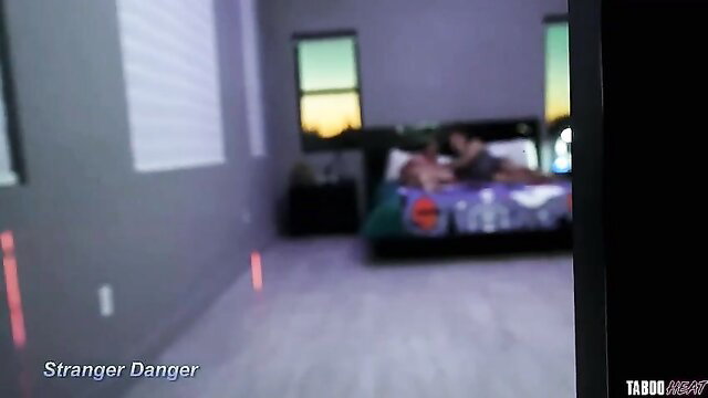 Busty stepsister fucked hard on bed by plump guy at sunset