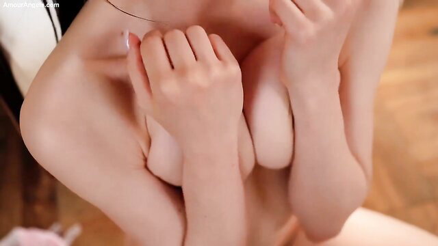 Petite brunette Dakota teases in lingerie, hands covering perky tits