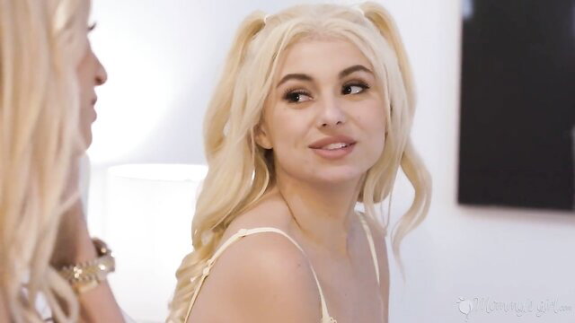 Two hot blondes in lingerie, playful lesbian fun