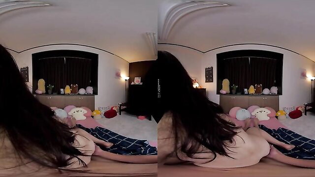 Horny Asian temptress with long black hair lounging nude on bed