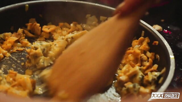 Apolonia Lapiedra cooking nude in kitchen, wild food play tease