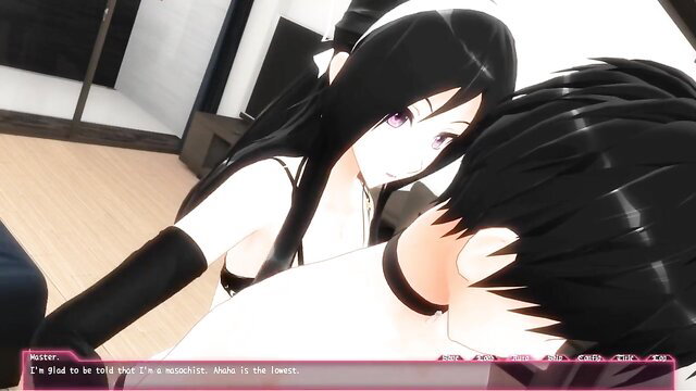 Black-haired anime girl in lingerie cuddles topless guy close-up