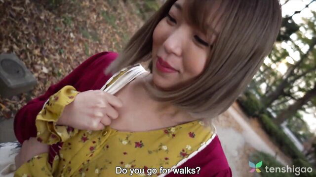 Cute Japanese amateur walks in park, floral dress, interview for first JAV porn