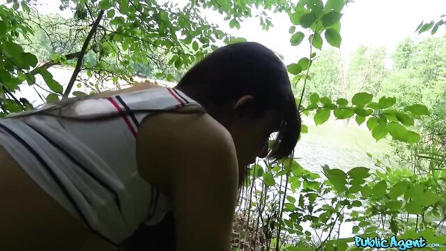 Anya Krey bent over in forest, sexy tourist top, Public Agent