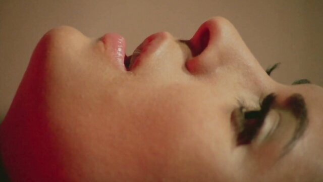 Closeup of seductive woman's glossy lips and face in erotic vampyros lesbian scene