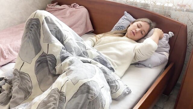 Blonde amateur sleeping in bed, morning masturbation tease