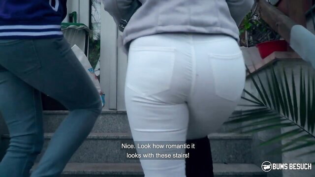 Dana Jayn's thick white jeans ass up on stairs, blonde bombshell tease