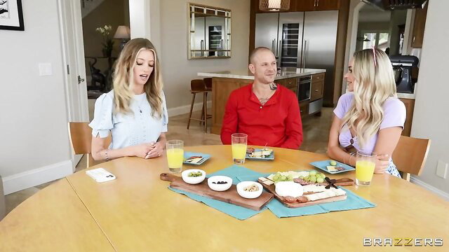 Brazzers blonde babes & hunk at table, seductive threesome tease