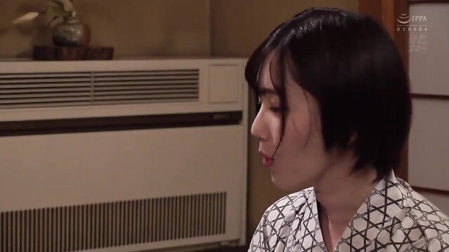 Breasty Asian beauty in kimono profile, seductive gaze