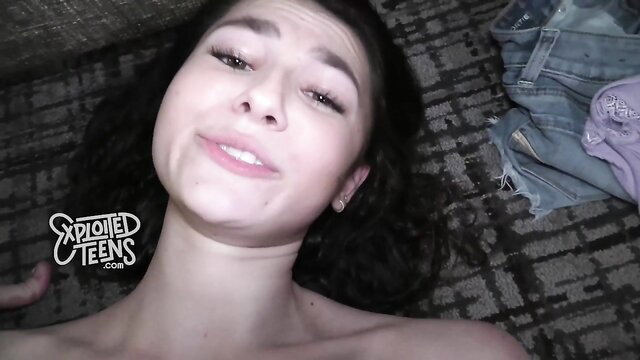 POV closeup of sexy teen Liz Jordan smiling topless