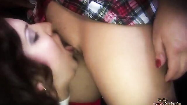 Brunette in plaid skirt gets pussy eaten by man in hot cunnilingus