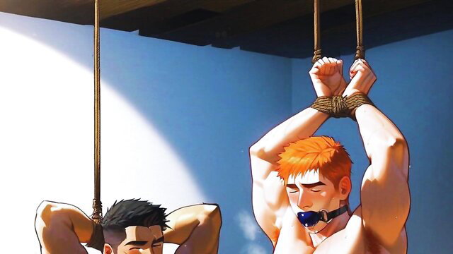 Anime hentai gay BDSM: muscular redhead bound gagged, black-haired guy
