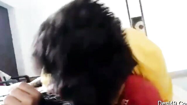 Real desi Indian couple having sex, woman in yellow saree with black hair