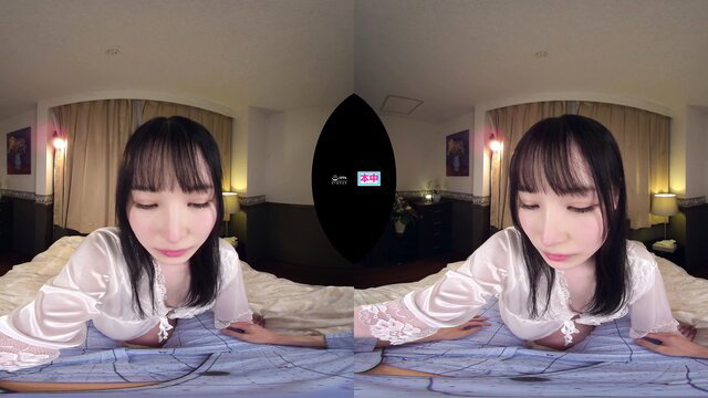 Asian beauty in sheer white lingerie on bed, VR split-view tease