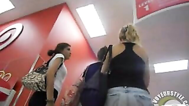 Hot girls in tight booty shorts flaunt sweet asses at mall