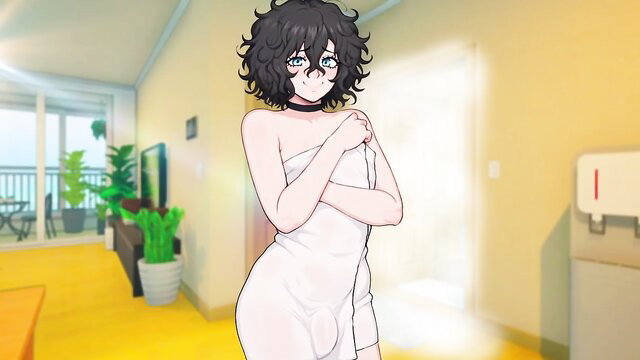 Curly black-haired femboy in towel, wet curvy body after shower
