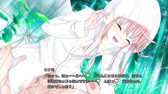 Pink-haired anime girl HINAMI in wet white hoodie, smiling outdoor tease