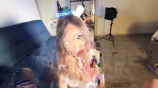 Pink-haired teen coquette with bunny ears gives messy blowjob