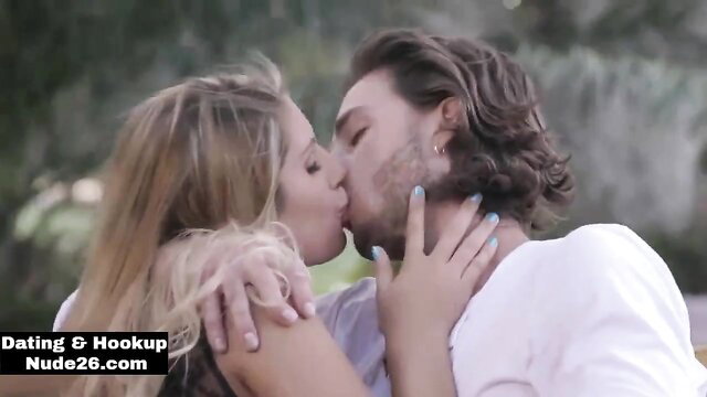 August Ames passionately kissing outdoors in hot hookup