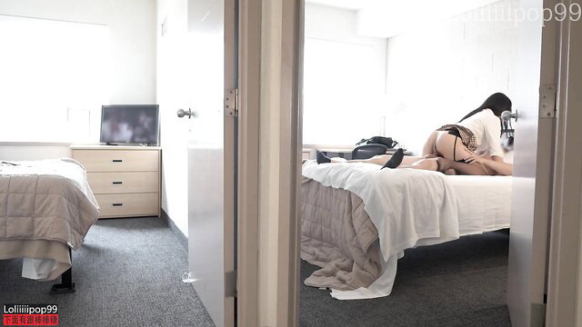 Asian college girl in lingerie fucks roommate's BF while she showers