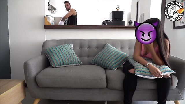 Hot Asian nerd teen in pink top on couch yields to passion